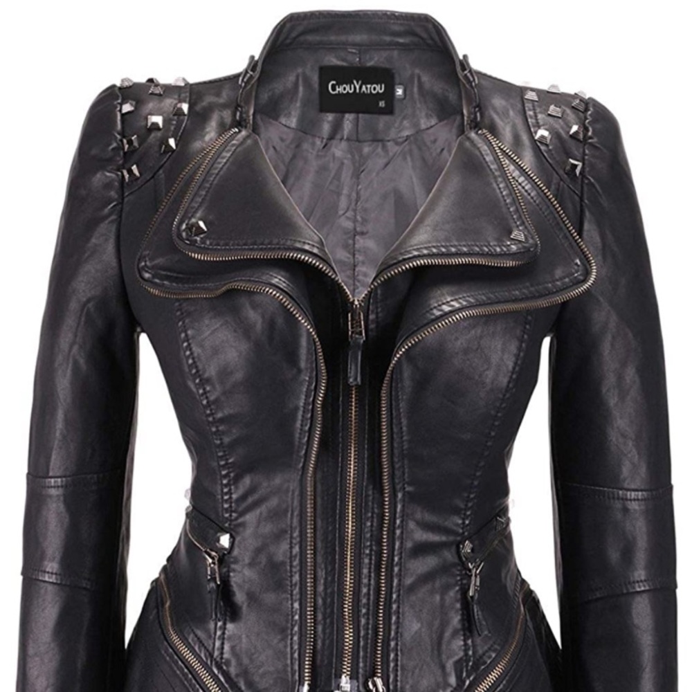 Faux Leather Fitted Studded Jacket